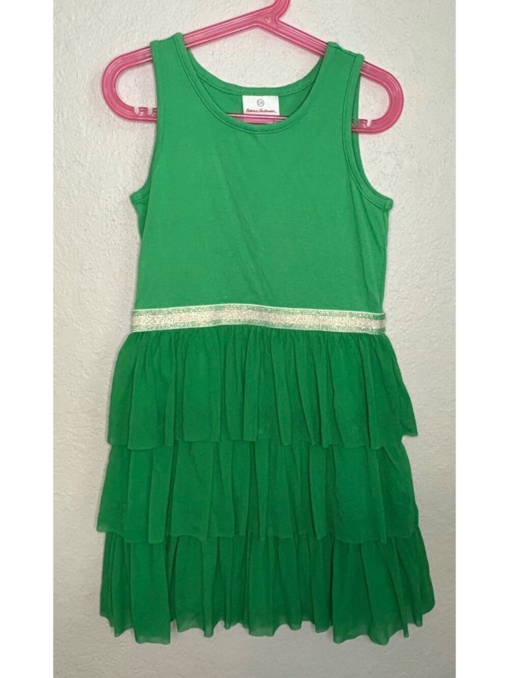 Hanna Andersson Green Girls Tiered Tank Dress With Sparkle Waistband Size 130